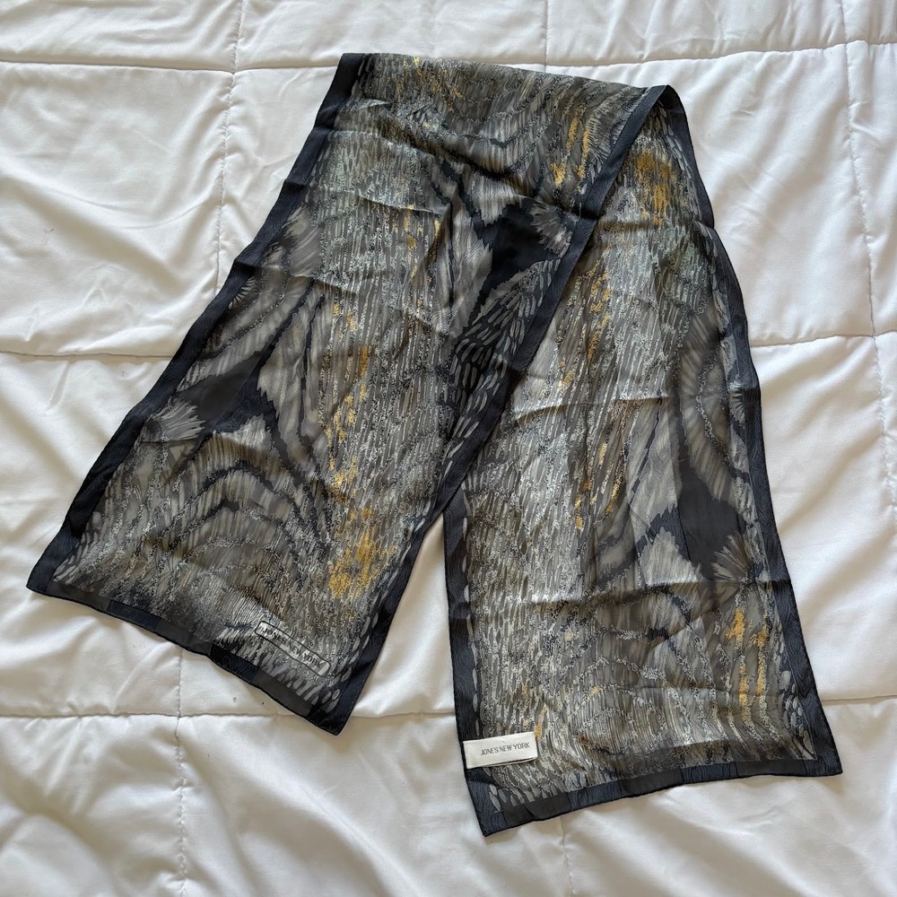 Vintage Jones New York Scarf Grey Gold Metallic Abstract Sheer 100% Silk Luxury
